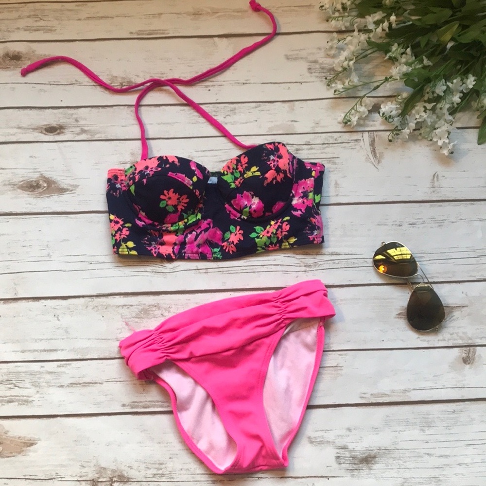 Delias Womens Navy Blue Floral & Neon Pink Bikini